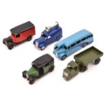 5 Dinky Toys. Single Deck Bus (29e) in mid blue with dark blue flash, mid blue wheels and black