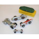 5 Dinky Toys Racing/Record Cars. Hotchkiss (23b) in silver with red flash, RN4, with silver