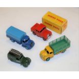 4 Dinky Toys. Dodge Farm Produce Wagon (343) in yellow and green livery, with green wheels.