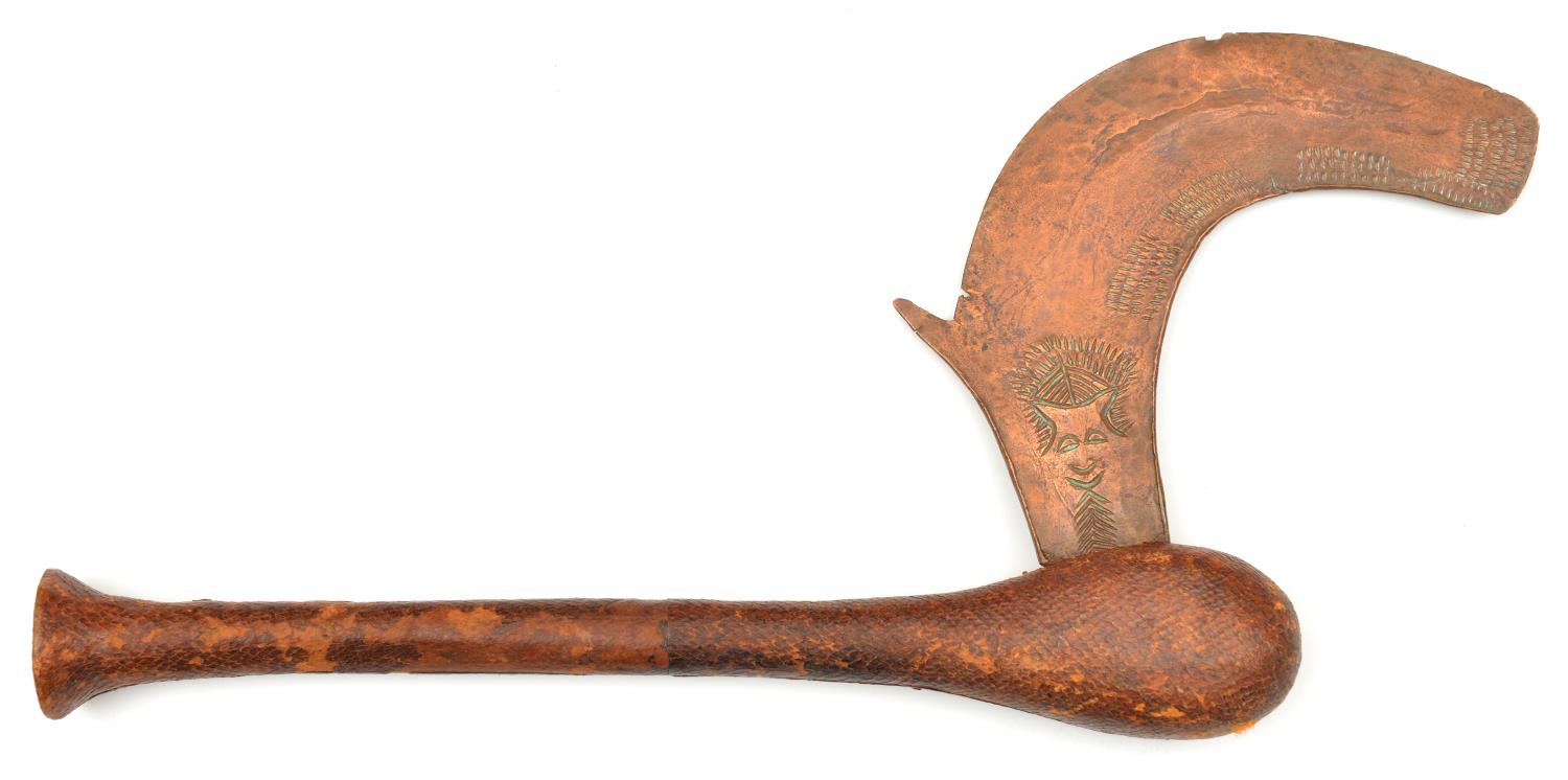 An African Songe tribal axe. Early 20th century, curved copper blade 19cms with incised decoration - Image 2 of 3