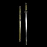 A long Chinese sword jian. Straight DE nicely watered blade 77.5cms inlaid with 7 pierced copper