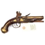 A late 18th century French or Belgian 38 bore brass barrelled flintlock travelling pistol, 8½"
