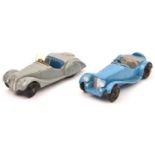 2 Dinky Toys 38 Series Cars. Frazer Nash-BMW Sports (38a) in mid grey with blue seats, black