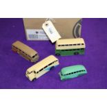 4 Dinky Toys buses. 29b, Streamlined bus in two-tone green. 29c, Double Decker bus in cream and