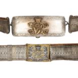 An early Vic officer's shoulder belt and pouch, and waistbelt and slings, of the 9th or (Queen's