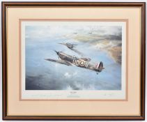 A limited edition print by Robert Taylor (number 612 of 990) of a Spitfire flown by Don Kingaby