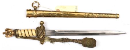 A Third Reich Naval officer's dagger, with plain unmarked blade, in its sheath with single