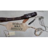 An interesting WWII "Scout War Service" arm band, black printed on white linen; a blackened "The