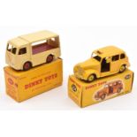2 Dinky Toys. Austin TAXI (254) an example in bright yellow with yellow wheels and dark brown
