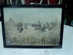 A well executed pen and wash sketch of a Boer War period mounted patrol, 4 riders ploughing