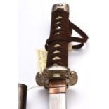 A 19th century Japanese wakizashi blade, 25½", with unsigned tang and single mekugi ana, mounted