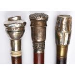 A stout polished brownwood walking cane, silver urn shaped grip with foliate embossed lower band and