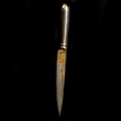 An Indian dagger kard. 19th century, straight single edge wootz blade17cms, etched and gold