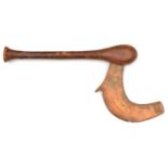 An African Songe tribal axe. Early 20th century, curved copper blade 19cms with incised decoration