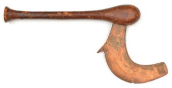 An African Songe tribal axe. Early 20th century, curved copper blade 19cms with incised decoration