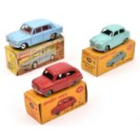 3 Dinky Toys. Austin A40 Saloon (160). In turquoise with treaded grey plastic wheels. A Fiat 600