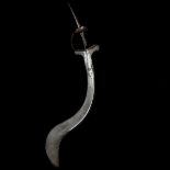 An unusual Indian sword khanda. 19th century, strongly recurved T-section swollen blade 65cms with