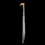 A Borneo (Kalimantan) Dyak head-hunter's sword mandau. Late 19th century, straight SE blade 51.