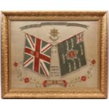 A framed woven silk Colours of the Royal Sussex Regt, Kings and Regimental, battle honours up to the