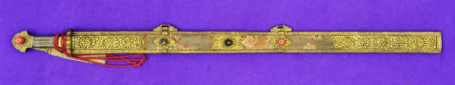 A good Tibetan sword, 18th or 19th century. Straight SE blade 84cms with typical hatchet point,