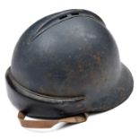 A WWII French tank corps helmet, padded brow protector, webbing and leather liner and chinstrap,
