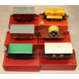 6 Hornby O Gauge Freight Wagons. Tank Wagon, Shell Lubricating Oil, Side Tipping Wagon, McAlpine.