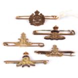 3 9ct gold R Artillery tie pins, engraved, die struck and enamelled die struck; an enamelled HAC 9ct