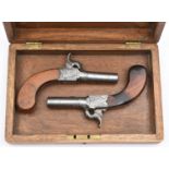 A pair of 55 bore percussion boxlock pocket pistols, 6½" overall, turn off barrels 2", B'ham proved,