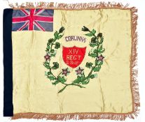 A single sided white silk flag, multicoloured printed and embroidered with "XIV Regt 2 Battn" on