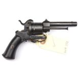 A Belgian 6 shot 7mm open frame DA pinfire revolver, 7" overall, round barrel 3½" with tall