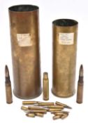A WWII German 75mm brass shell case, the base bearing Waffenamt eagle mark; a British 25 pounder