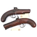 A pair of mid 19th century 26 bore percussion travelling pistols, 9" overall, multi sided barrels 4"