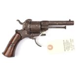 A Belgian 6 shot 7mm DA pin fire revolver, 7" overall, round barrel 3¼", Liege proved, with