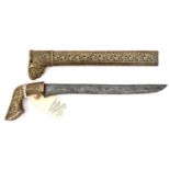 An Indonesian dagger badek, 19th century straight SE blade 10" pattern welded, later brass hilt