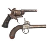 A Belgian 6 shot 7mm DA pin fire revolver, 6" overall, octagonal barrel 3¼", Liege proved, with