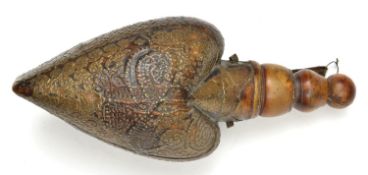 A large Ottoman heart-shaped wooden powder flask. Dated AH1291 (=1874) 27cms including turned horn