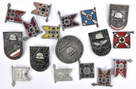 Ten Third Reich military unit souvenir pin back plastic badges, in the form of regimental standards,