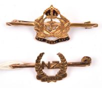 2 9ct gold sweetheart tie pins, enamelled R Navy and engraved NZ forces with motto scroll "
