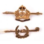 2 9ct gold sweetheart tie pins, enamelled R Navy and engraved NZ forces with motto scroll "