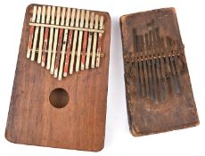 An old African hand "piano", iron keys, simple incised cross panel decoration, 7¼" x 4" (worn,
