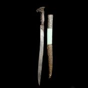 A Turkish sword yataghan. c.1800, blade inlaid with extensive silver inscriptions mostly