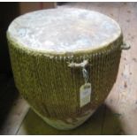 A heavy cup shaped drum, skin covered top with multi cord stretchers to base, diam 14", height