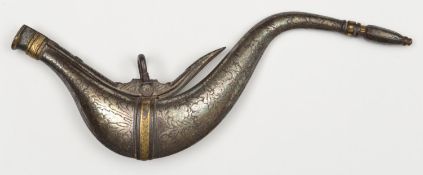 An Indo-Persian iron powder flask of bird shape.19th century, overall 26cms, silver damascened