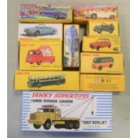 11 Atlas French Dinky. Hotchkiss Racing Car (23B), Fourgon Tole Peugeot, Lamp Mazda (25B). Autobus