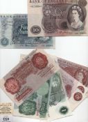 Bank of England banknotes: P.S. Beale £1 prefix S70B 1950, 10/- prefix 09C 1950; J. S. Hollom £10