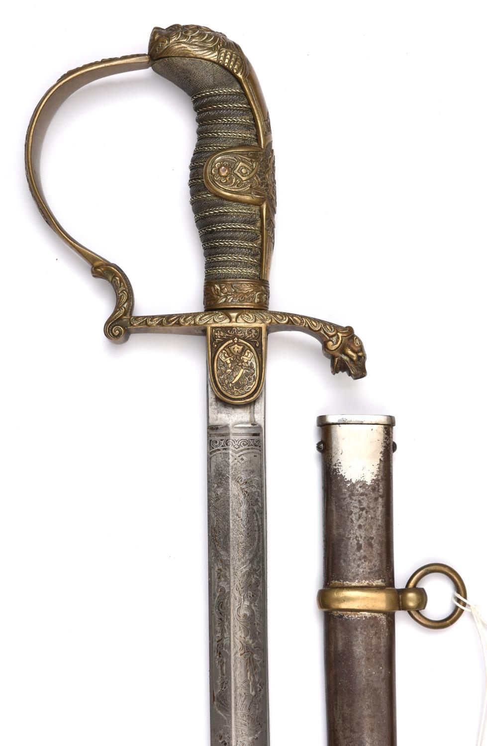 An Imperial German officer's sword, blade 34" etched with foliage, weapons, classical figures,