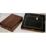 A writing slope with 2x inkwells and 2x compartments. Slope with leather insert. Brass detailing and