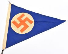 An intriguing NSDAP double sided triangular pennant, 25" x 21", blue with applied orange swastika on