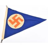 An intriguing NSDAP double sided triangular pennant, 25" x 21", blue with applied orange swastika on