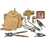 5 various WWI wire cutters, d. 1915, 1917 etc; 2 webbing haversacks; 2 map cases; a waistbelt with